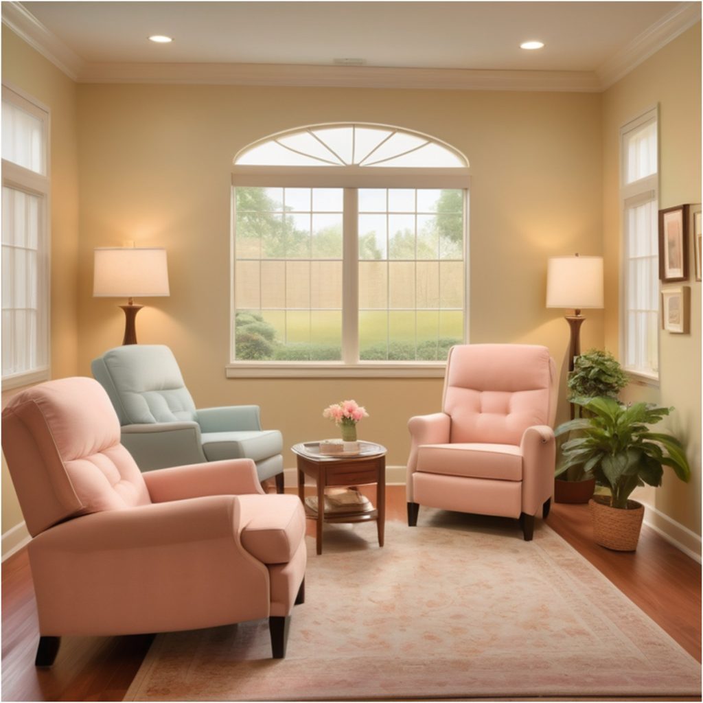 A senior-friendly living room with comfortable seating, accessible features, and a garden view.